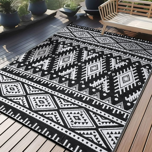 Smiry Waterproof Outdoor Rug, Reversible Outdoor Plastic Straw Rug, Lightweight Patio Rug For Indoor/Outdoor, 6' x 9' outdoor area rug, Black & White