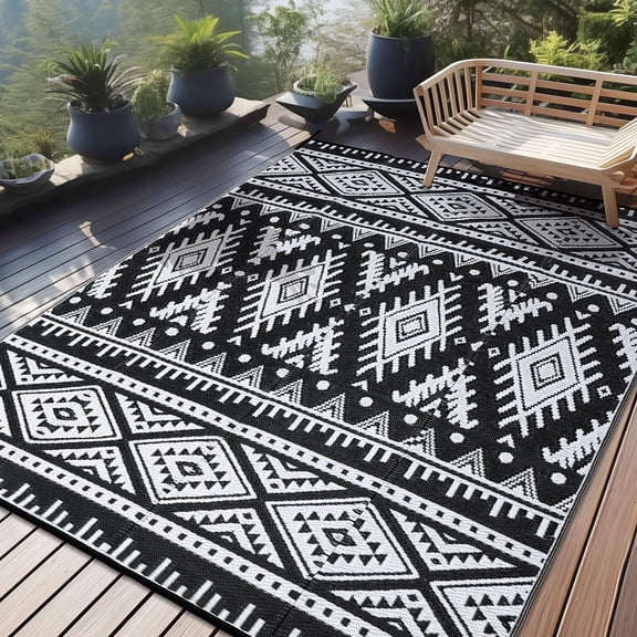 Smiry Outdoor Rugs 8'X10', Waterproof Plastic Outdoor Mat, Reversible Outdoor Carpet for Patio, RV Camping, Porch, Black & White