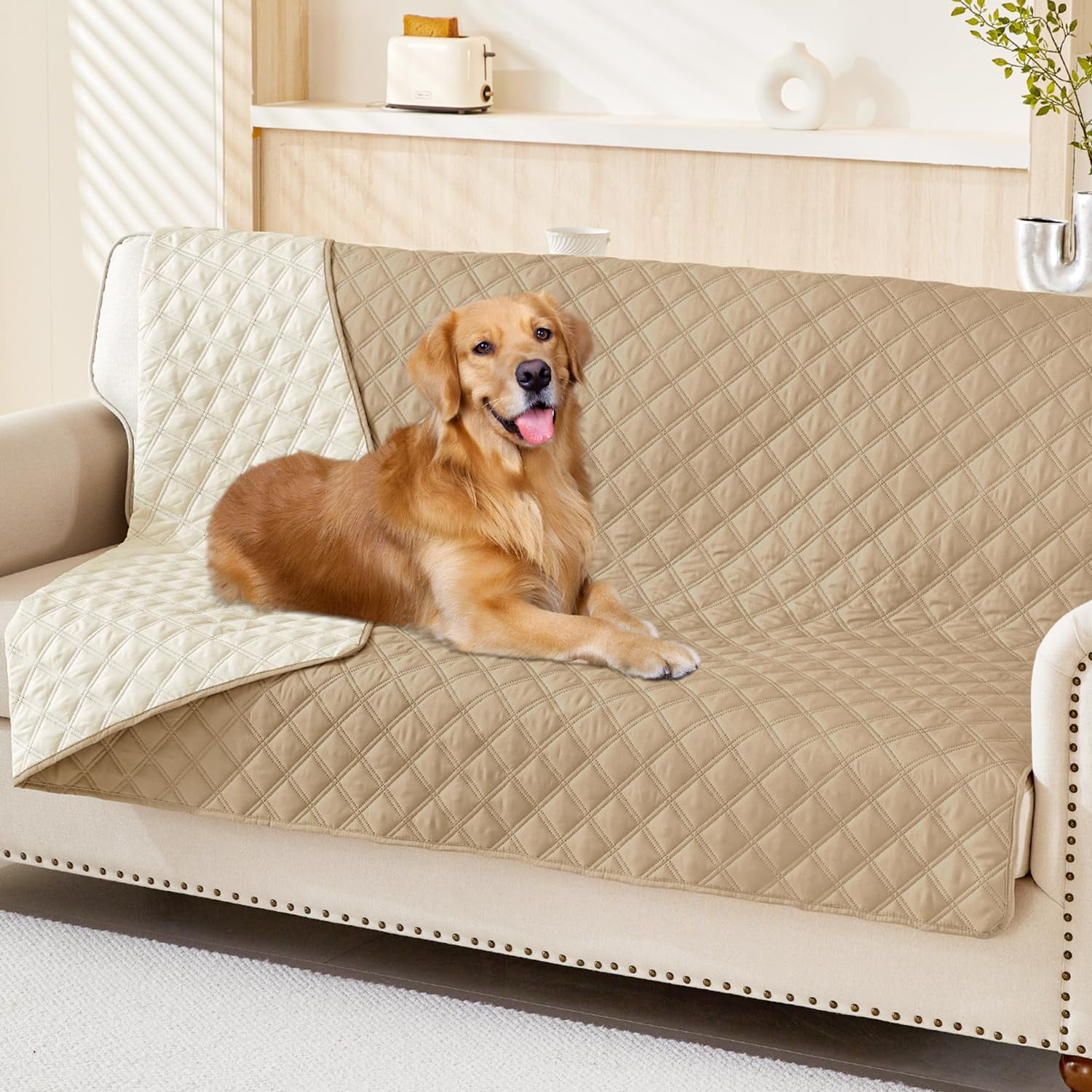 Smiry Waterproof Pet Couch Covers, Washable Dog Blankets for Couch & Bed, Reversible Sofa Cover for Living Room (52x82 Inch, Camel/Beige)