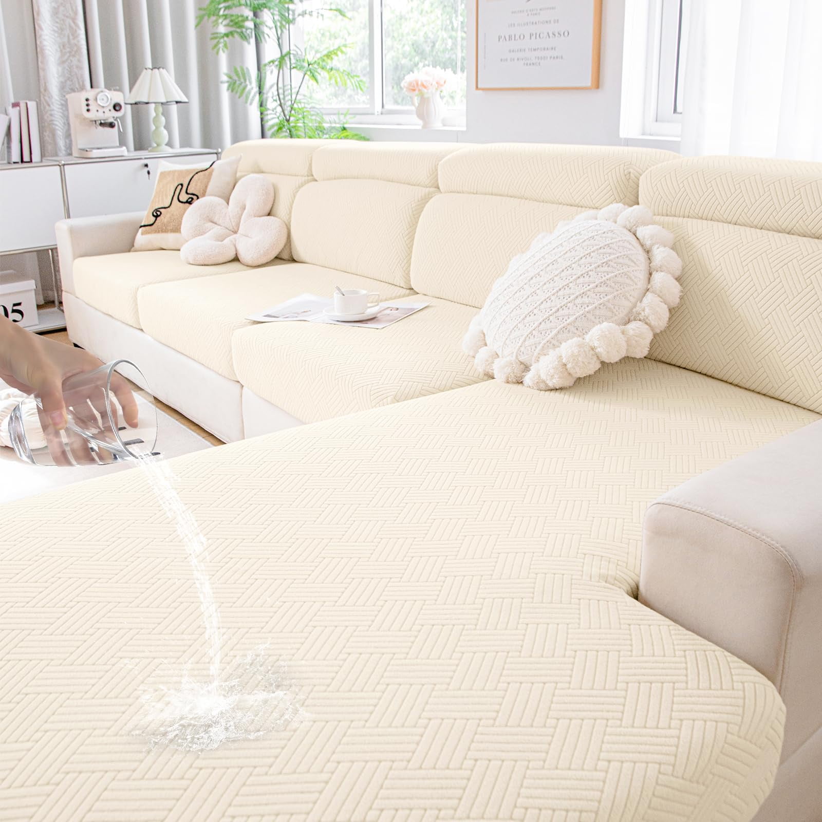 Smiry Waterproof Sofa Seat Cushion Covers, Stretch Couch Cushion Slipcovers, Fitted Jacquard Furniture Protector for Pets, Kid (3PC, Beige)