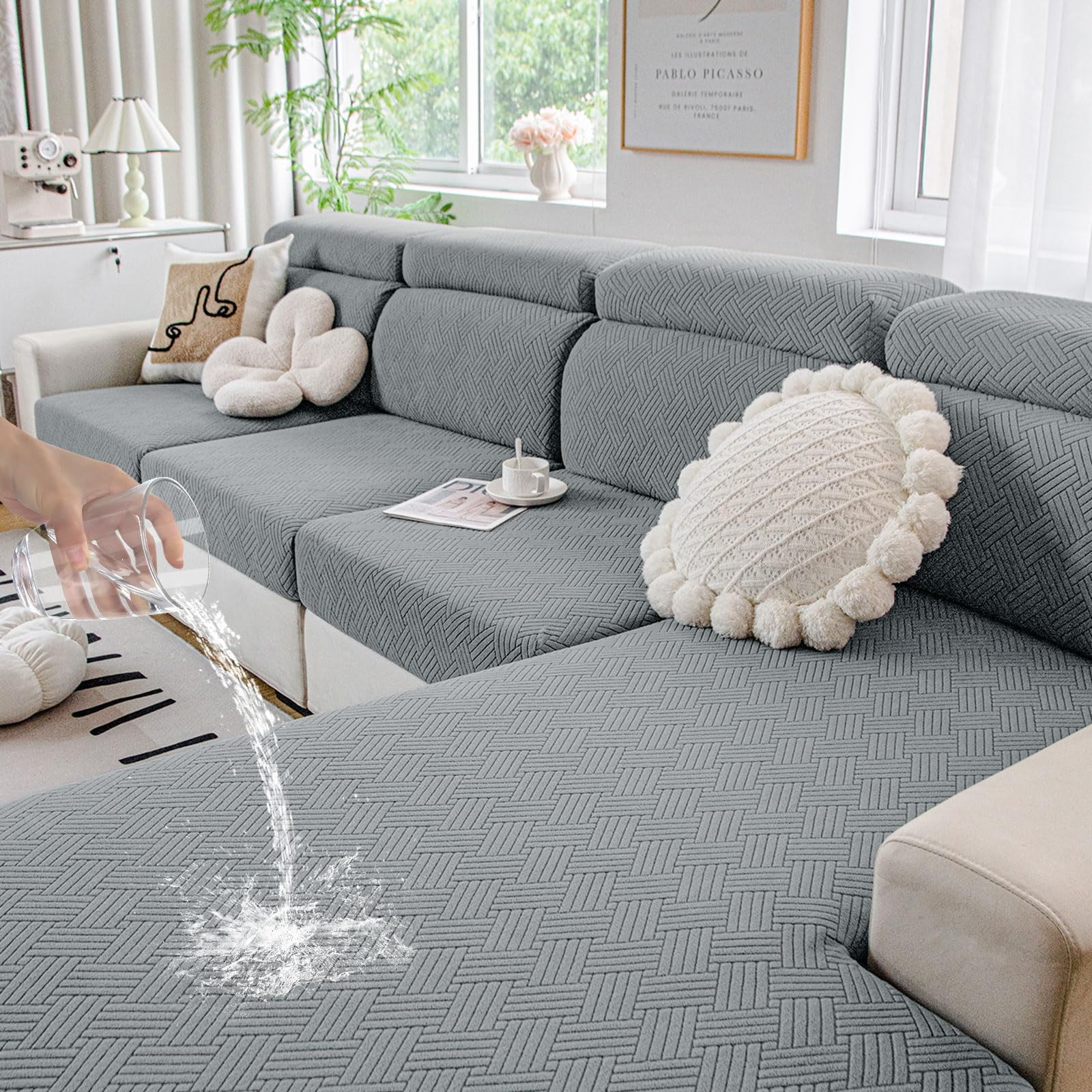 Smiry Waterproof Sofa Seat Cushion Covers, Stretch Couch Cushion Slipcovers, Fitted Jacquard Furniture Protector for Pets, Kid (Chaise, Grey)