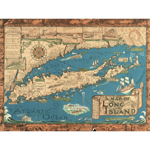 Smith 1933 Pictorial Map Long Island New York Large Wall Art Poster Print