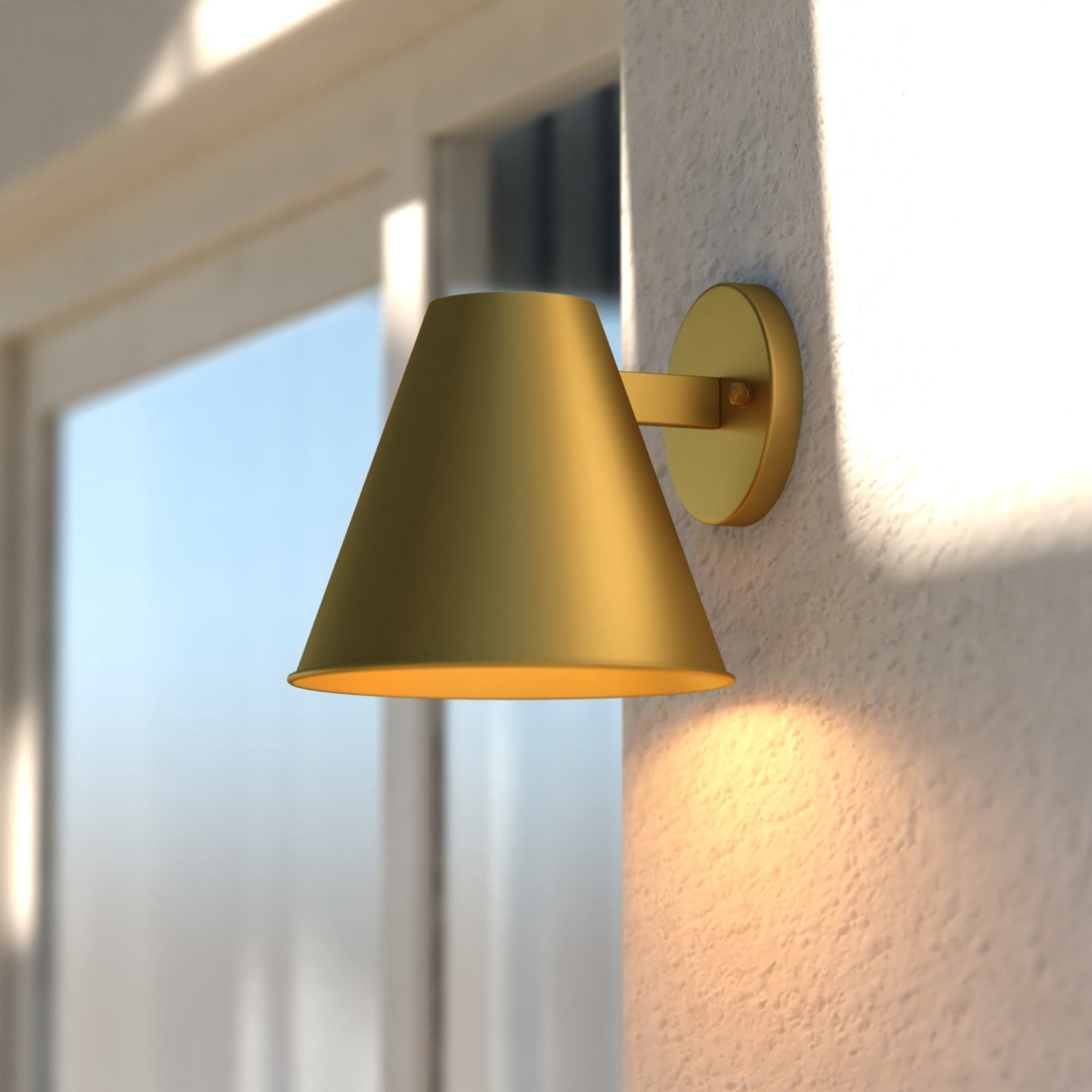 Smith 6.25 in. H 1-Light Gold Brass Modern Contemporary Indoor-Outdoor Wall Sconce with Metal Cone Shade, LED Compatible, Dark Sky Compliant, Use for Exterior Porch Patio Front Door or Garage