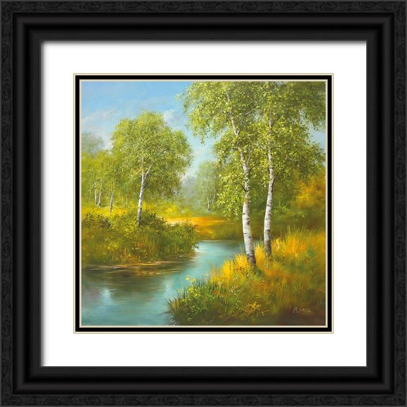 Smith, B. 12x12 Black Ornate Wood Framed with Double Matting Museum Art Print Titled - POND WITH BIRCHTREES