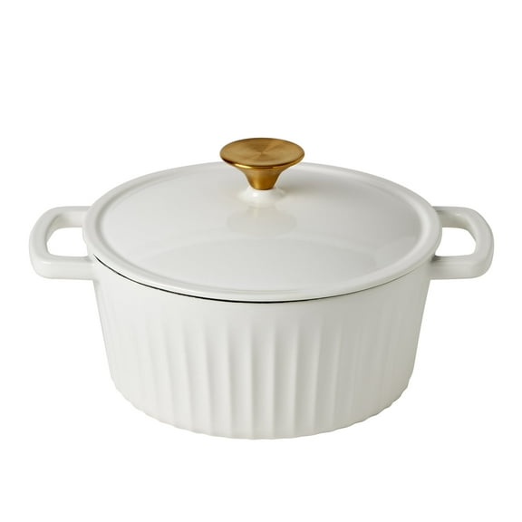 Smith & Clark 3-Quart Enameled Cast Iron Dutch Oven Fluted Round Pot with Lid, White