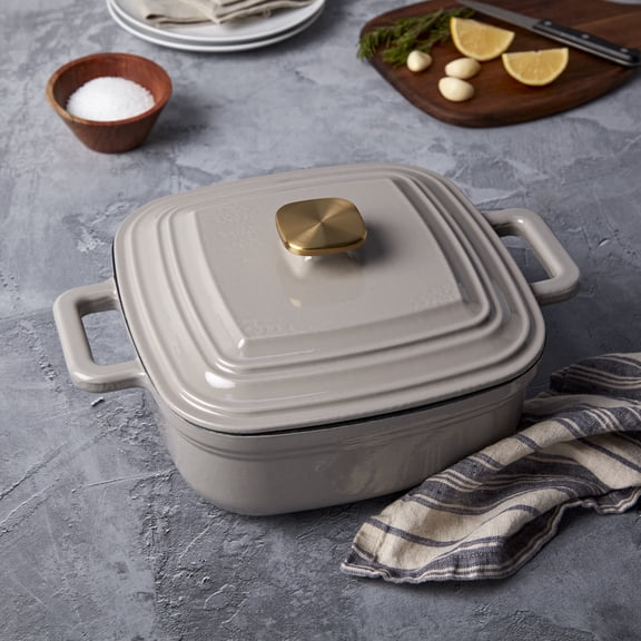 Smith & Clark Ironworks 4 Quart Enameled Cast Iron Square Dutch Oven Pot with Lid, Gray