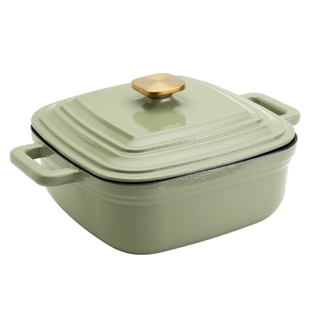 Smith & Clark 4 Quart Enameled Cast Iron Square Dutch Oven Pot with Lid, Matcha Green