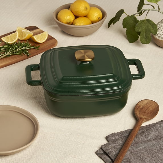 Smith & Clark Ironworks 4 Quart Enameled Cast Iron Square Dutch Oven Pot with Lid, Matte Evergreen