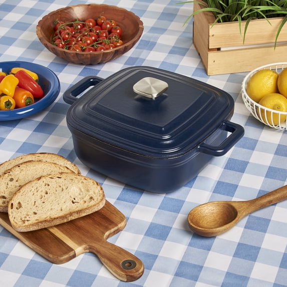 Smith & Clark Ironworks 4 Quart Enameled Cast Iron Square Dutch Oven Pot with Lid, Matte Midnight Blue