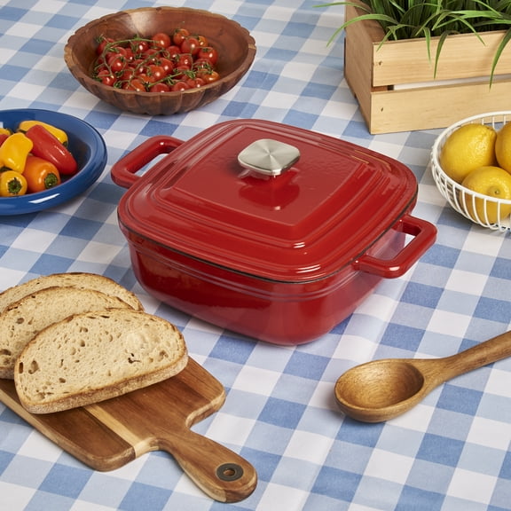 Smith & Clark 4 Quart Enameled Cast Iron Square Dutch Oven Pot with Lid, Red