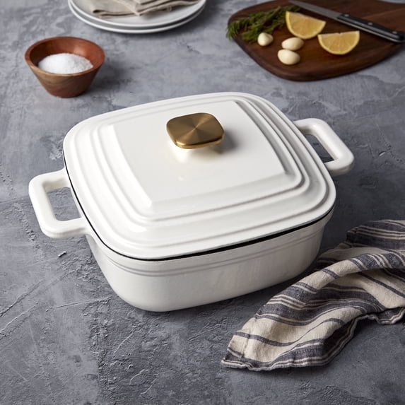 Smith & Clark 4 Quart Enameled Cast Iron Square Dutch Oven Pot with Lid for Baking Cooking, White
