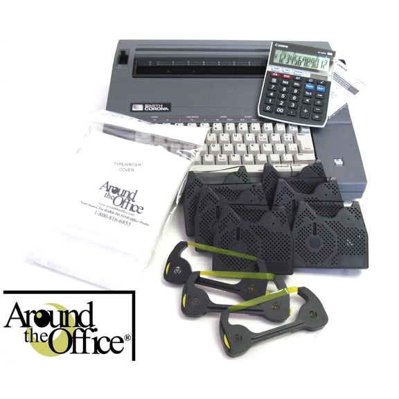 Smith Corona Office Combo Package includes Typewriter, Calculator, Dust Cover, 6 Ribbons & 3 Correction Tapes.
