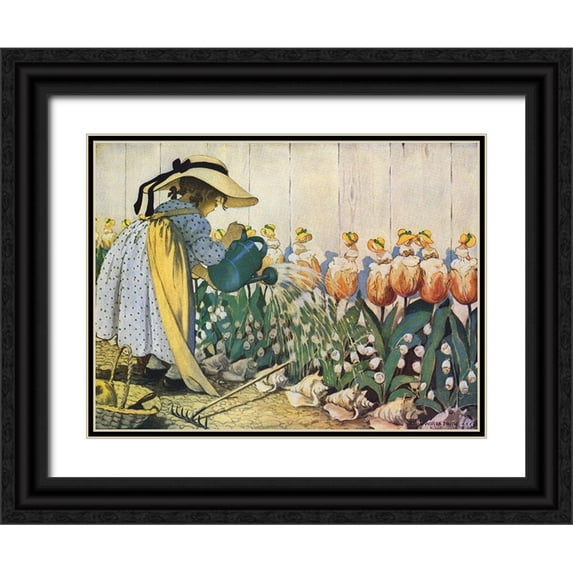 Smith, Jesse Willcox 14x12 Black Ornate Wood Framed with Double Matting Museum Art Print Titled - Flowers Being Watered - Mary, Mary