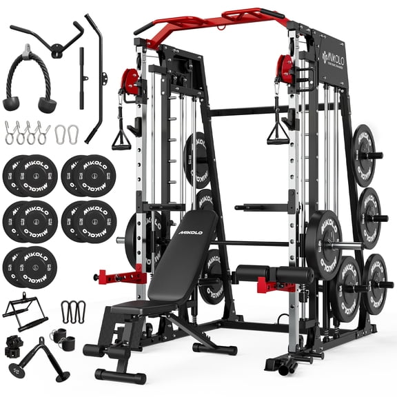 Mikolo Smith Machine Home Gym, 2200lbs Power Rack with Weight Bench and 260LBS Plates, Training Equipment with LAT-Pull Down System & Functional Trainer
