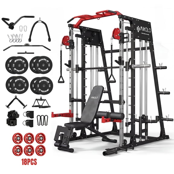 Mikolo Smith Machine Home Gym, 2200lbs Power Rack with Weight Bench and 230LBS Plates, Training Equipment with LAT-Pull Down System & Functional Trainer