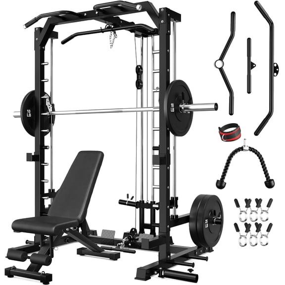 Smith Machine, 2000LBS Multi-Function Squat Power Rack Cage with Cable Crossover, All-in-One Home Gym Squat Rack with Smith Bar and Training Attachments for Full Body Workouts