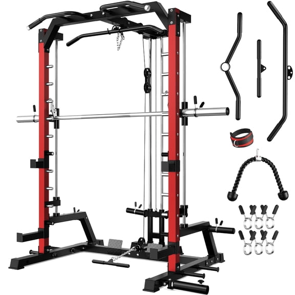 Smith Machine, 2000LBS Multi-Function Squat Power Rack Cage with Cable Crossover, All-in-One Home Gym Squat Rack with Smith Bar and Training Attachments for Full Body Workouts