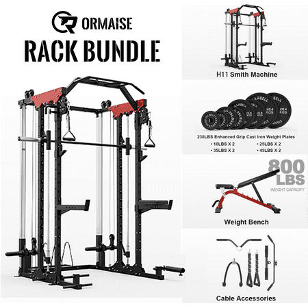 Smith Machine, 2000LBS Power Cage Squat Rack with Smith Bar, Two LAT Pull-Down Systems, Cable Crossover Machine and and More Cable Attachment for Home Gym