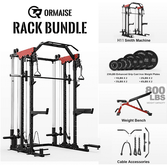 Smith Machine, 2000LBS Power Cage Squat Rack with Smith Bar, Two LAT Pull-Down Systems, Cable Crossover Machine and and More Cable Attachment for Home Gym