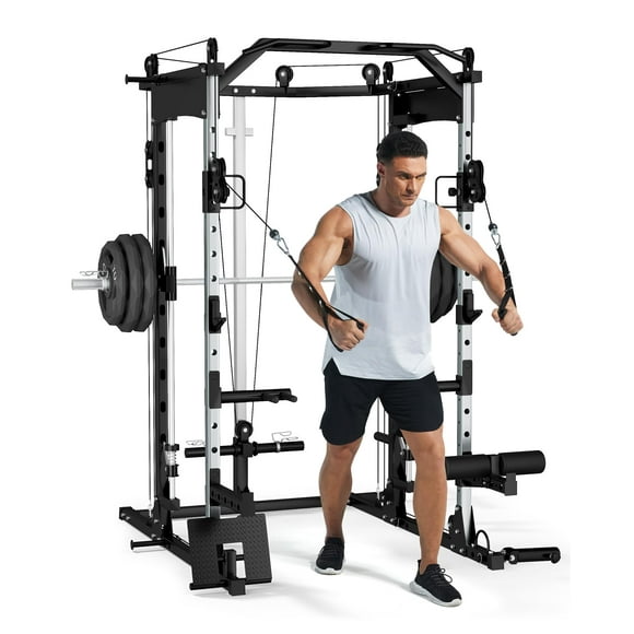 Smith Machine, 2200lbs Squat Rack with Duable Cable & LAT-Pull Down System, Multi-Function Squat Rack Power Cage for Home Gym