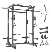 Smith Machine, 5 in 1 Heavy-Duty Squat Rack with Cable Crossover, All-in-One Home Gym Power Rack for Full-Body, Dual 11 Pulley System