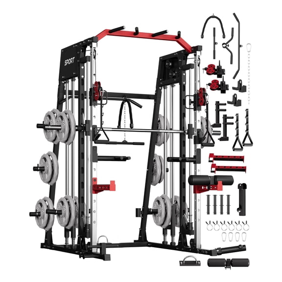 Smith Machine Home Gym - 2200 LBS Power Cage Squat Rack with Smith Bar, Cable Crossover, LAT Pull-Down & Leg Hold-Down - Multi-Functional Strength Training Equipment for Home