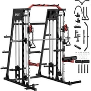 Smith Machine Home Gym, 2200 Lbs Multifunctional Power Cage Squat Rack with Cable Crossover System & Dual Pulley System, All in One Home Gym Equipment for Strength Training