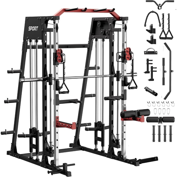 Smith Machine Home Gym, 2200 Lbs Multifunctional Power Cage Squat Rack with Cable Crossover System & Dual Pulley System, All in One Home Gym Equipment for Strength Training
