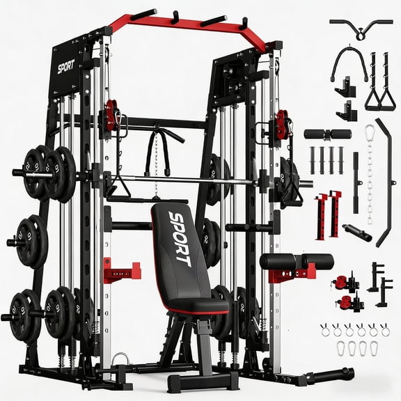 Smith Machine Home Gym, 2200 Lbs Multifunctional Power Cage Squat Rack with Cable Crossover System & Dual Pulley System, All in One Home Gym Equipment for Strength Training