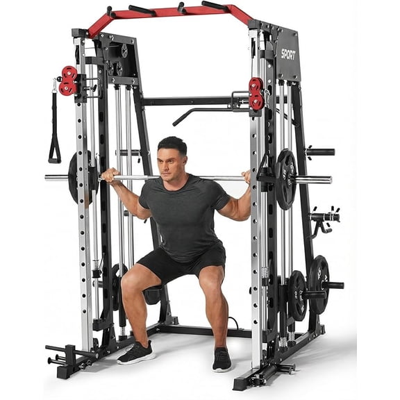 Smith Machine Home Gym 2200 lbs Heavy Duty Power Cage, Multi-Function Strength Training Equipment Cable Crossover, Dual Pulley, Pull-Up Bar Full Body Workout Station