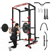 Mikolo Multi-Functional Squat Rack with LAT Pulldown System Exercise Power Cages, Metal Black