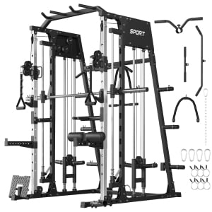 Smith Machine Home Gym,2200LBS Multifunctional Power Cage with Smith Bar, LAT Pull-Down, Cable Systems, Leg Hold-Down and More Attachments, Workout Equipment