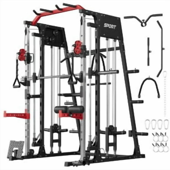 Smith Machine Home Gym,2200LBS Multifunctional Power Cage with Smith Bar, LAT Pull-Down, Cable Systems, Leg Hold-Down and More Attachments, Workout Equipment