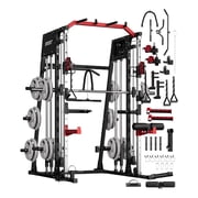 Smith Machine Home Gym, 2200LBS Power Cage Squat Rack with Smith Bar | With Cable Crossover, LAT Pull-Down & Leg Hold-Down - Multi-Functional Strength Training Equipment for Home, Red