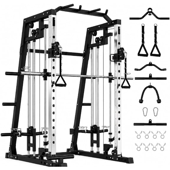 Smith Machine Home Gym, 2200lbs Squat Rack Power Cage with LAT-Pull Down System & Cable Crossover Machine, Multi-Function Training Equipment with Leg Hold-Down Attachment