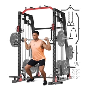 Smith Machine Home Gym, 2200lbs Squat Rack Power Cage with LAT-Pull Down System & Cable Crossover Machine, Multi-Function Training Equipment with Leg Hold-Down Attachment