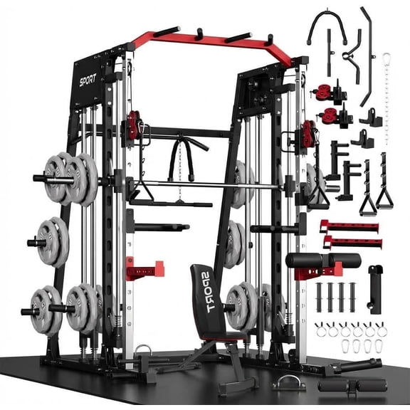Smith Machine Home Gym All-in-1, 2200LBS Power Cage with Dual Cable Pulley Systems, LAT Pull-Down & Leg Hold-Down | Complete Strength Training Equipment for Full Body Workouts