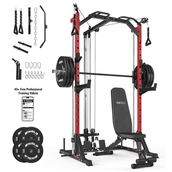 Mikolo Smith Machine Home Gym, 7-in-1 Multi-Function Squat Rack with Cable Crossover, 1000LBS Workout Station with Weight Bar and Accessories