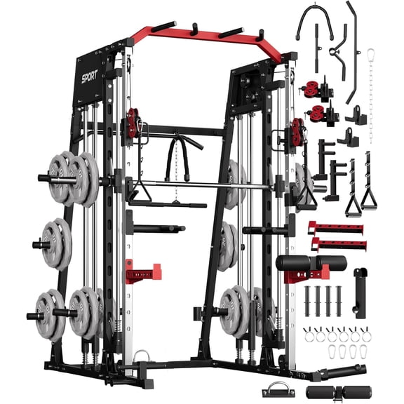 Smith Machine Home Gym All in One, 2200LBS Squat Rack Power Cage with Smith Bar, LAT Pull-Down, Cable Systems, Leg Hold-Down and More Attachments, Workout Equipment (Red Black)