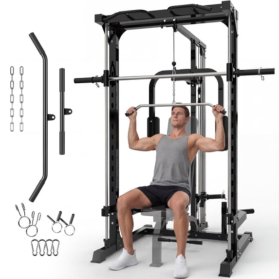 Power Squat Rack Smith Machine with LAT Pulldown & Low Row System, All-in-One Power Cage ...