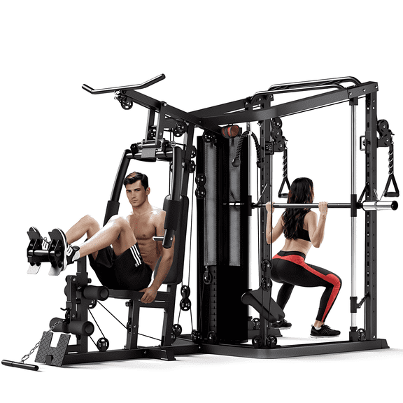 Smith Machine Power Cage, Multi-Function Home Gym System with 150LB Weight Stack,Cage, Multi-Function Home Gym System with Cable Crossover