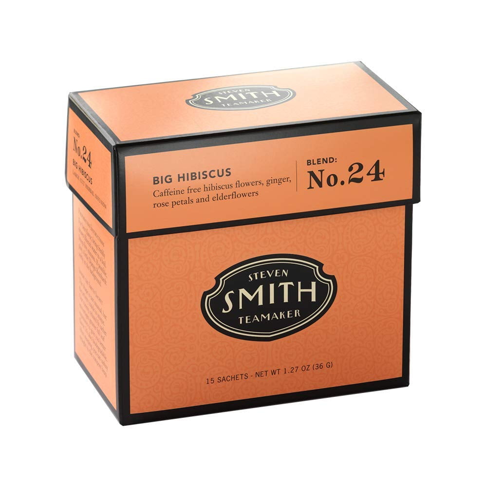 Smith Teamaker | Big Hibiscus No. 24 - Hibiscus, Ginger, Rose Petals & Elderflowers | Sugar-Free, Non-GMO, Plant Based Caffeine-Free Hibiscus Blend (15 Sachets, 1.27oz)