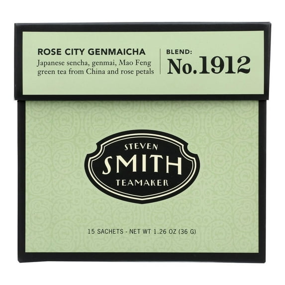 Smith Teamaker | Rose City Genmaicha No. 1912 - Sencha, Genmai, Mao Feng Green Tea & Rose Petals | Caffeinated Roasted Rice Full Leaf Green Tea Blend (15 Sachets, 1.26oz each)
