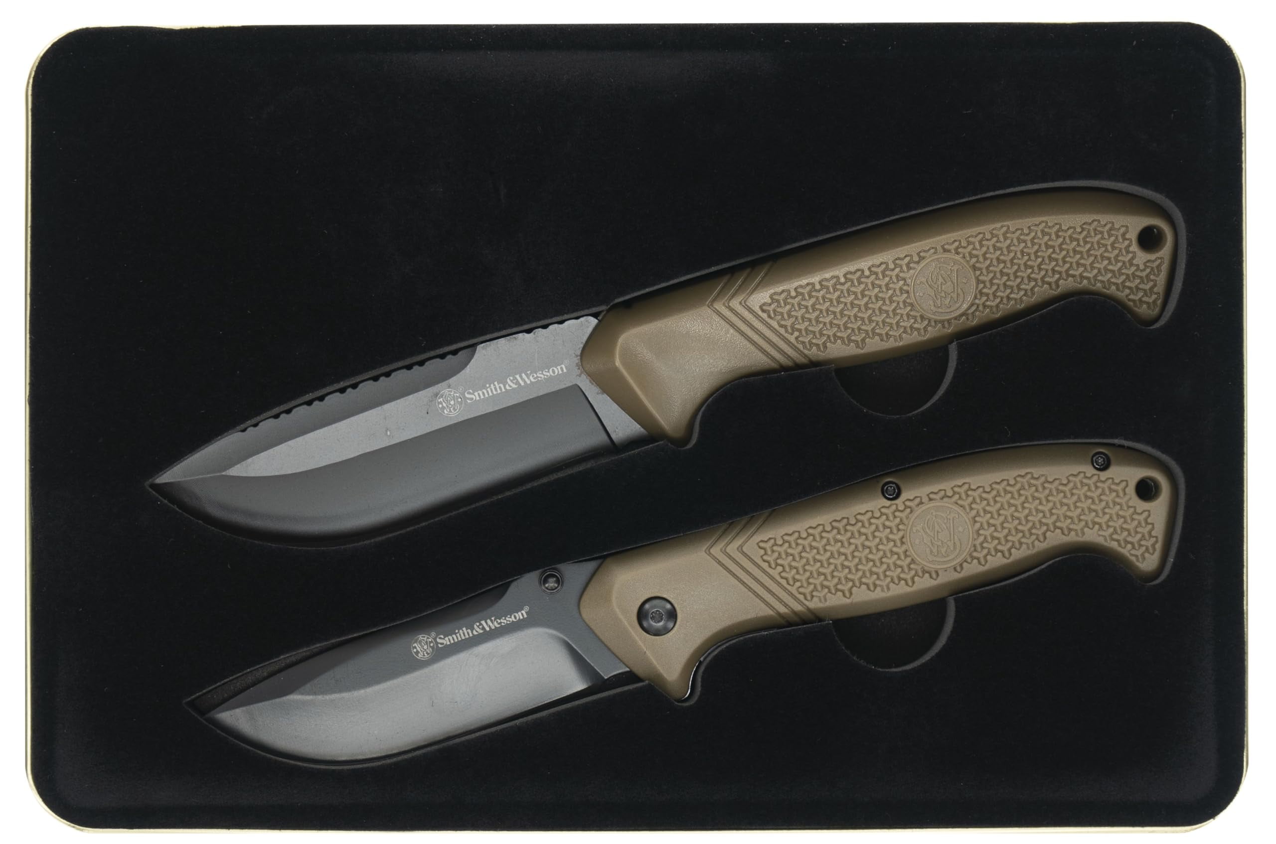 Smith & Wesson 1122655 2-Piece Fixed & Folding Knife Combo Set � Stainless Steel Blades, Polymer Handles, Gift Tin Storage Box � Everyday Carry & Outdoor Utility