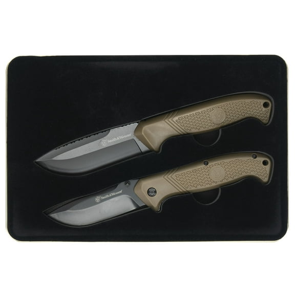 Smith & Wesson 1122655 2-Piece Fixed & Folding Knife Combo Set Stainless Steel Blades, Polymer Handles, Gift Tin Storage Box Everyday Carry & Outdoor Utility