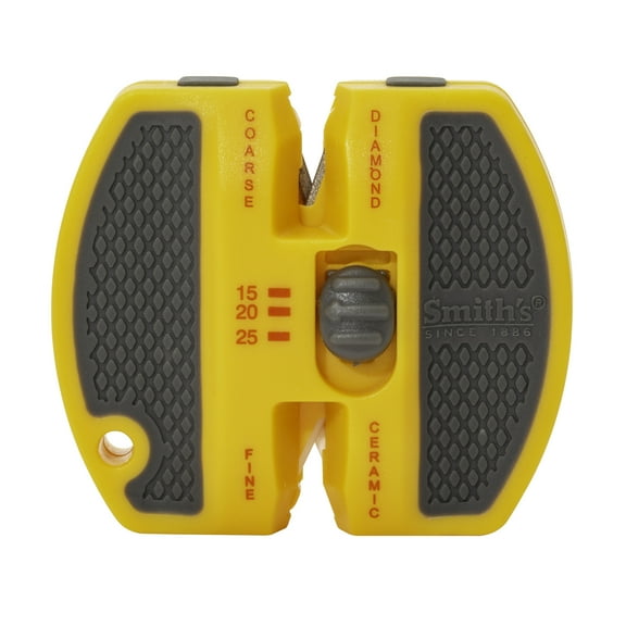 Smiths 50917 Adjustable 2-Step Knife Sharpener Yellow - Preset Coarse & Fine Slots - Outdoor Handheld Knife Sharpener - Fishing, Hunting, Fillet, Pocket Knives - Portable Compact Keychain Tool