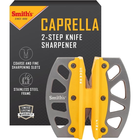 Smiths 51176 Stainless Steel 2-Step Knife Sharpener | Yellow | Preset Coarse & Fine Slots | Outdoor Handheld Knife Sharpener | Fishing, Hunting, Filet, Pocket Knives | Portable Compact Keychain Tool