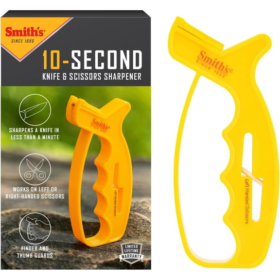 Smiths JIFF-S 10-Sec Knife & Scissors Sharpener - Right & Left-Handed Scissors - Carbide Blades - Outdoor Sharpener for Pocket, Hunting, Fishing & Kitchen Knives - Handheld Pullover Sharpener