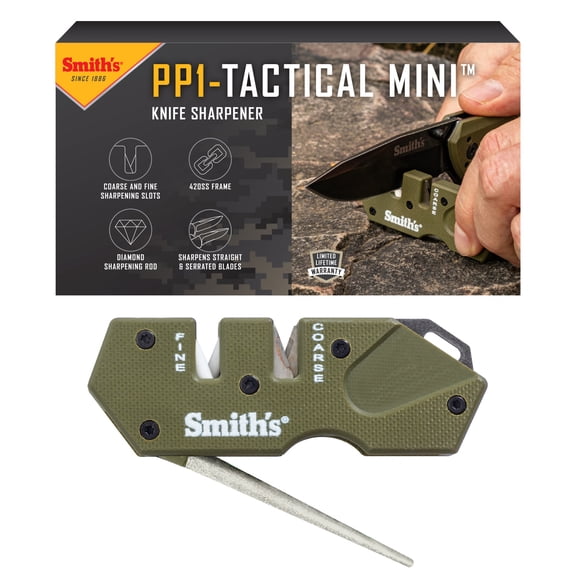 Smith’s Pocket Pal Mini Tactical Knife Sharpener | OD Green | 2 Stage Sharpener & Diamond Sharpening Rod | Stainless Steel | Outdoor Hunting Knife & Hook Sharpener | Compact, Durable, & Lightweight