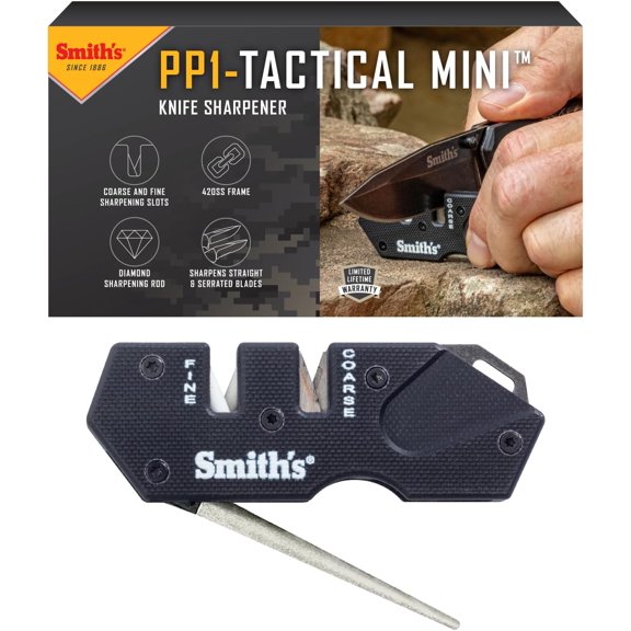 Smiths Pocket Pal Tactical Knife Sharpener - 2 Stage Sharpener & Diamond Sharpening Rod - Pocket Clip - Outdoor Hunting Knife & Hook Sharpener - Compact & Lightweight